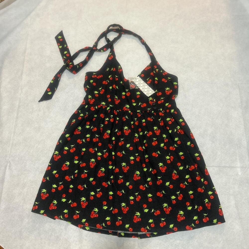 Urban Outfitters Black Smocked Stretch Back Halter Mini Cherry Dress Medium NWT